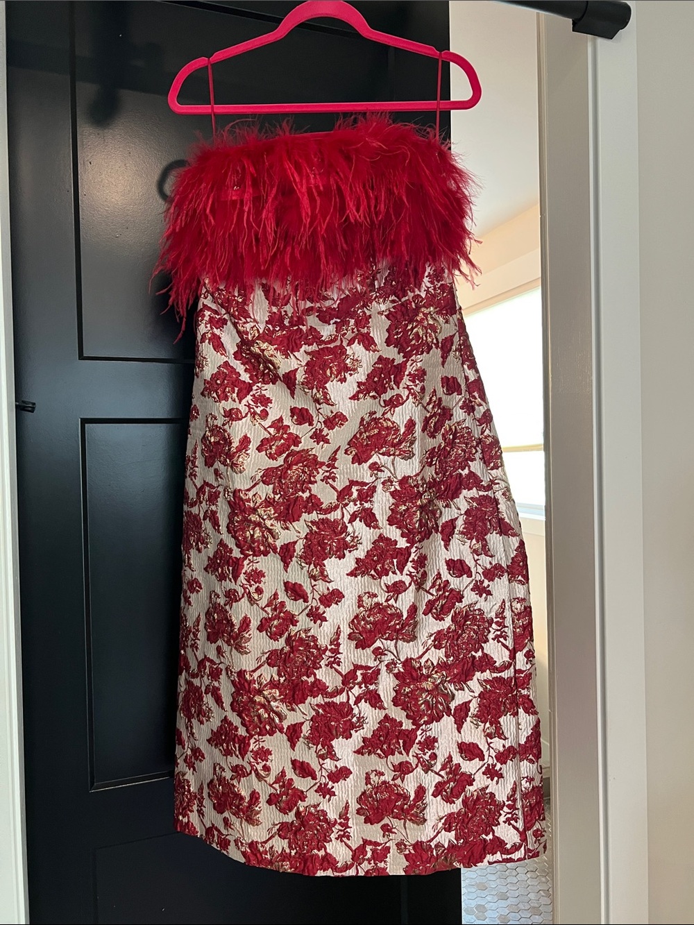 Tuckernuck Hyacinth House Strapless Floral Jacquard Dress with Red Feather Trim - Picture 3 of 9